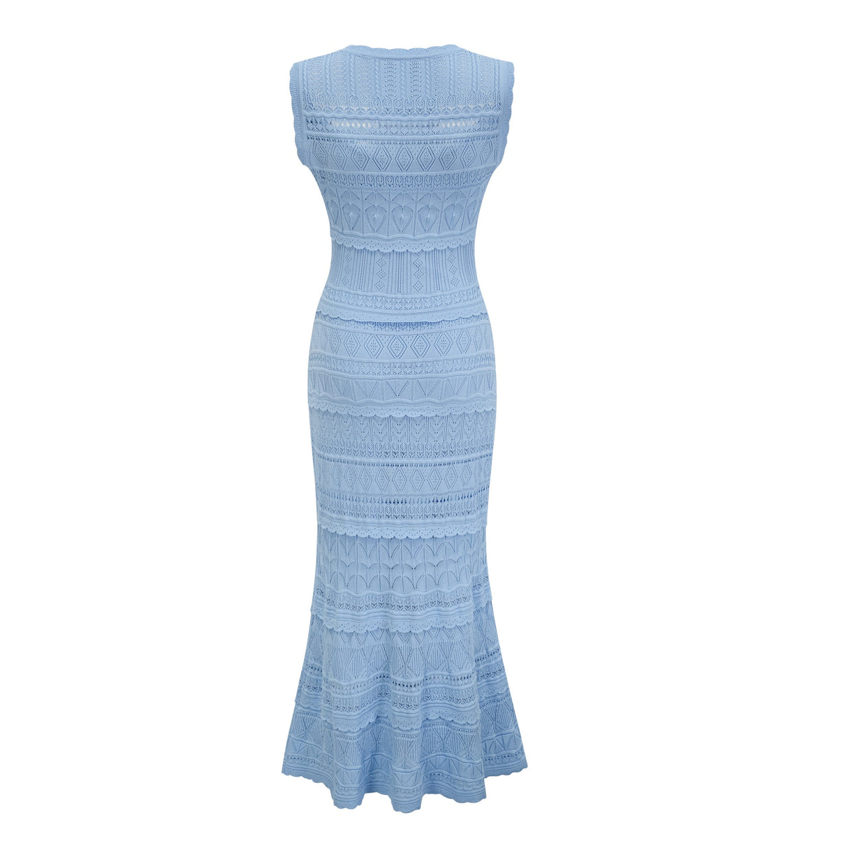 Aurohaya Mailys blue ruffled-trim crochet-knit midi dress