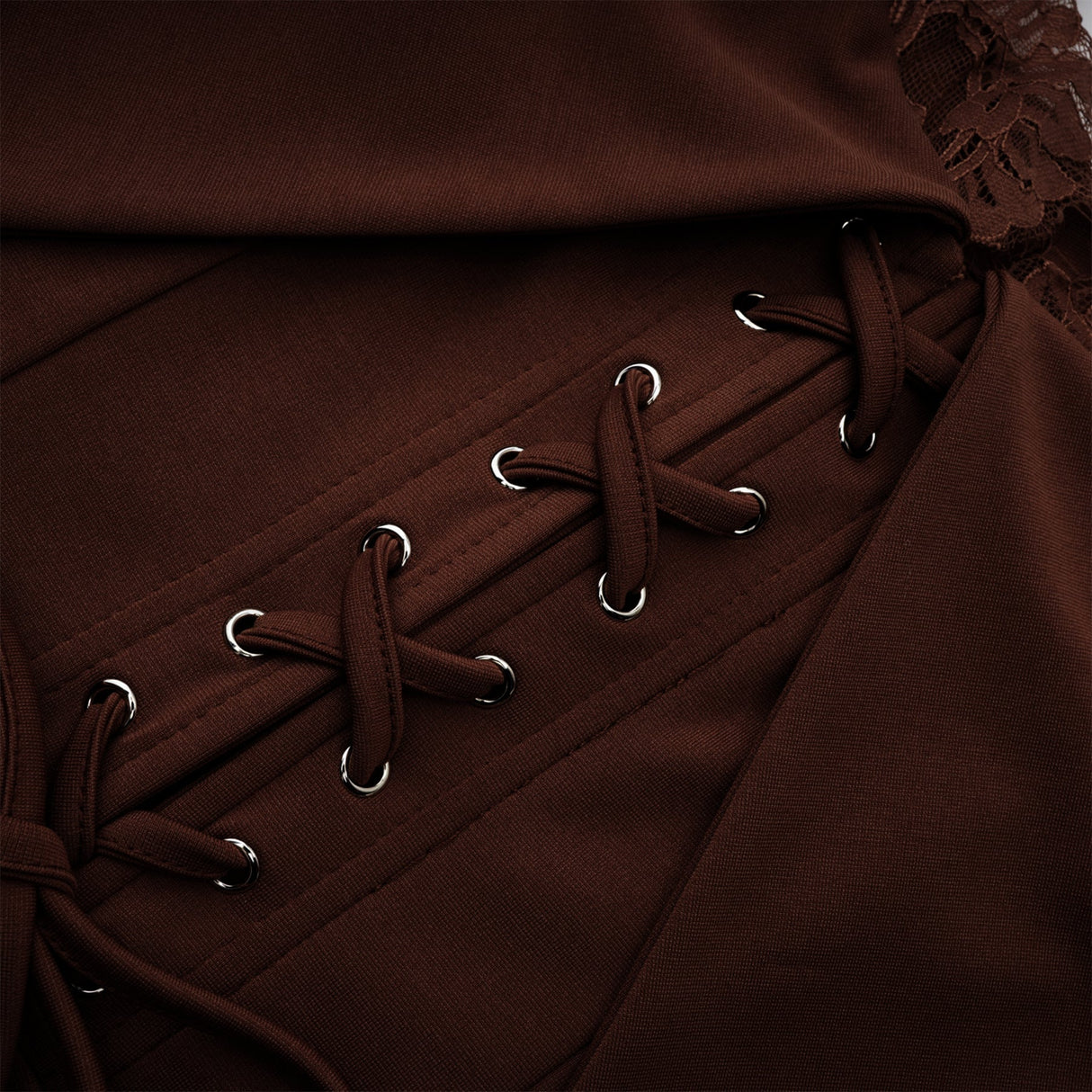 Aurohaya Georgiana Brown Lace Panel Flared Maxi Gown