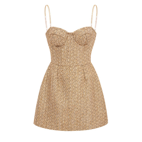 Aurohaya Arna Gold Sweetheart Neckline Tweed Mini Dress