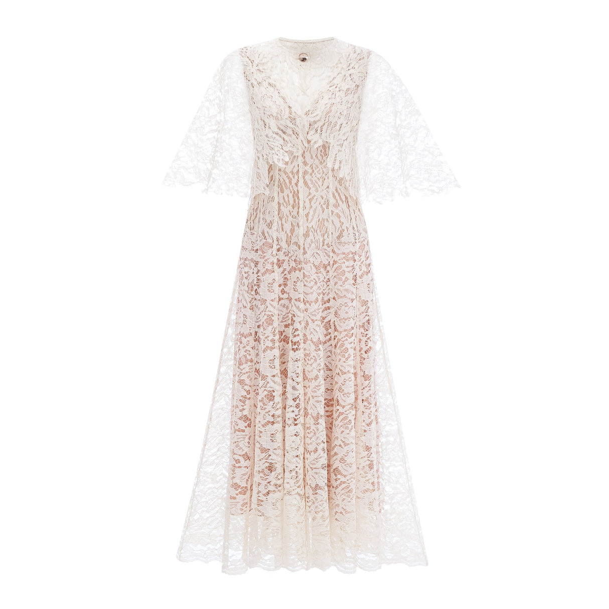 Aurohaya Alaia White Cape Design Floral Lace Midi Dress