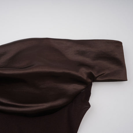 Aurohaya Gitta Brown Off Shoulder Satin Maxi Gown
