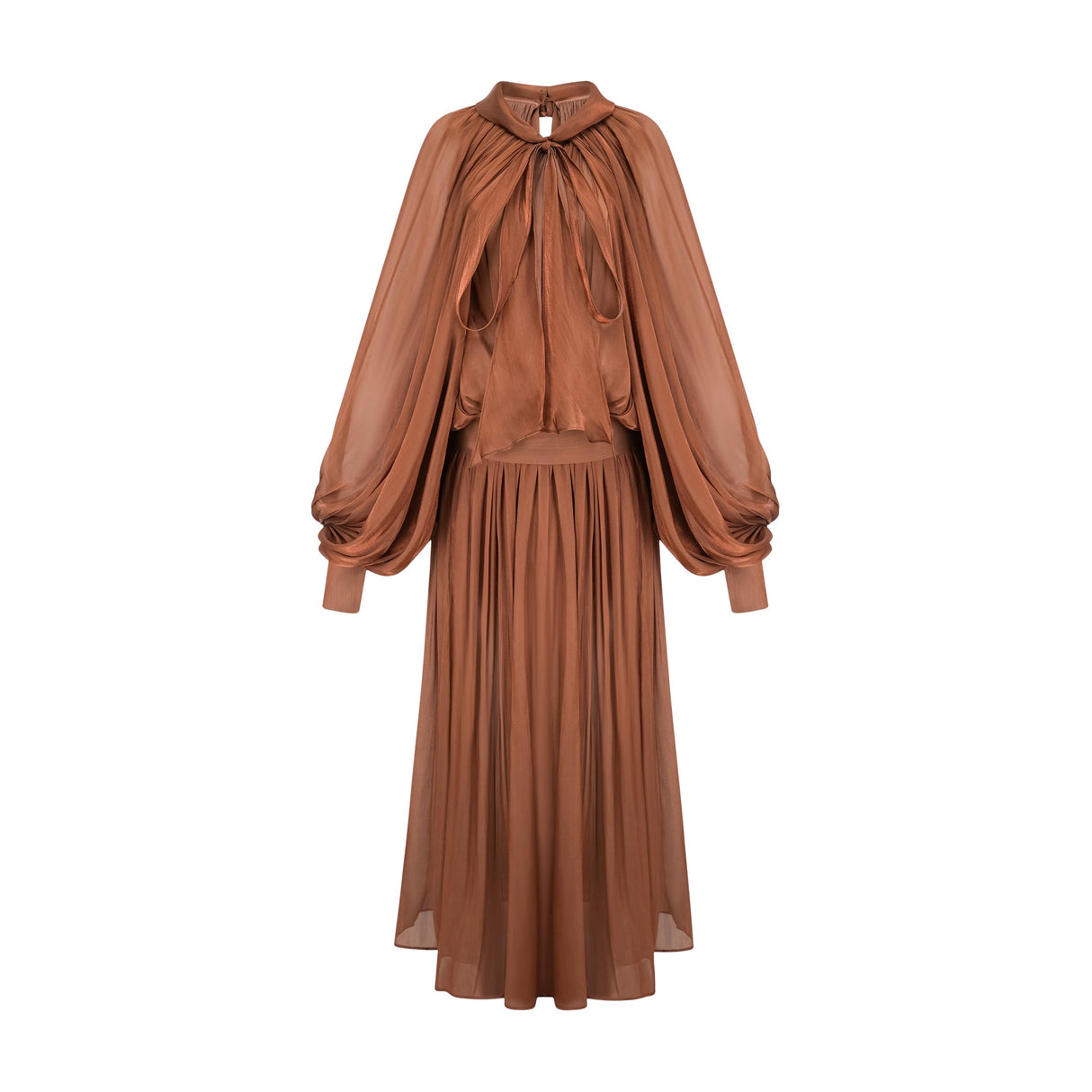 Aurohaya Mila Brown Pleated Satin Maxi Dress