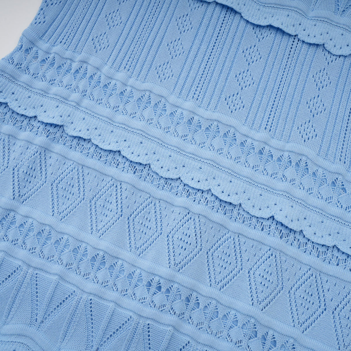 Aurohaya Mailys blue ruffled-trim crochet-knit midi dress