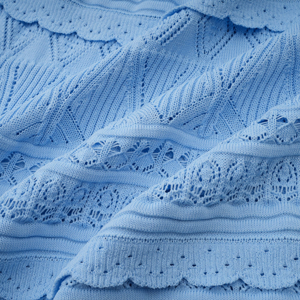 Aurohaya Mailys blue ruffled-trim crochet-knit midi dress
