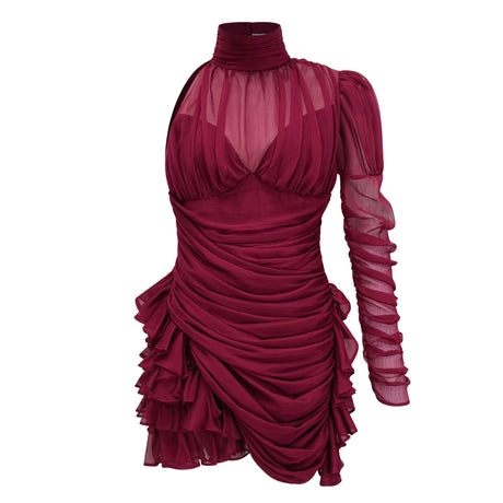 Aurohaya Éléna Burgundy Asymmetrical Ruffled Tulle Mini Dress