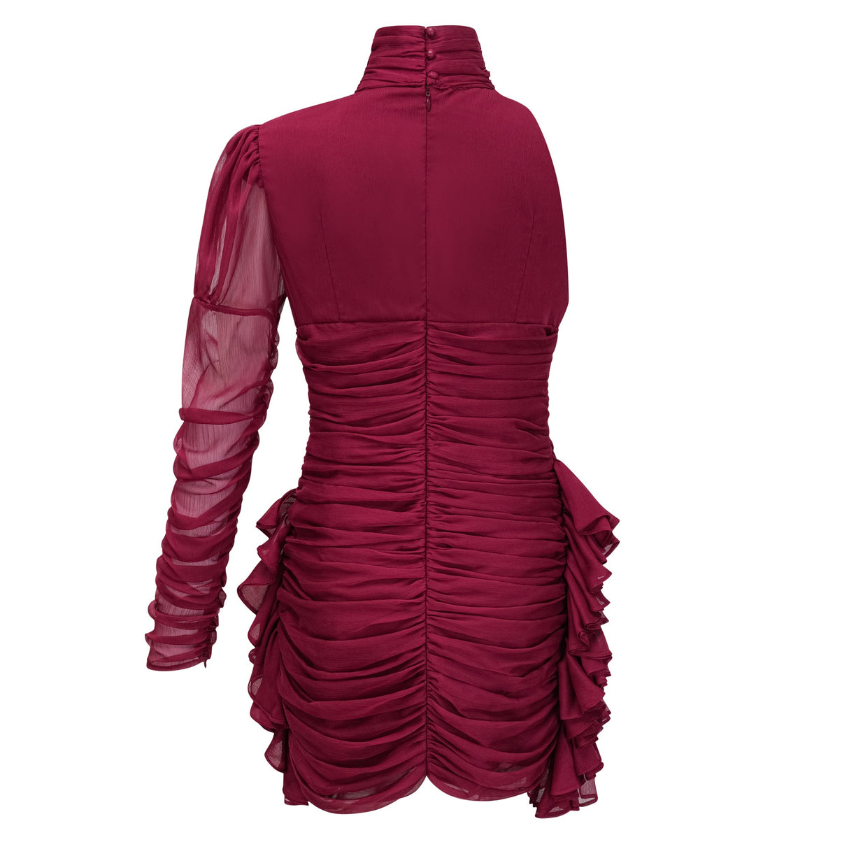Aurohaya Éléna Burgundy Asymmetrical Ruffled Tulle Mini Dress