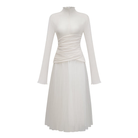 Aurohaya Lark White Tulle Panel Knit Midi Dress