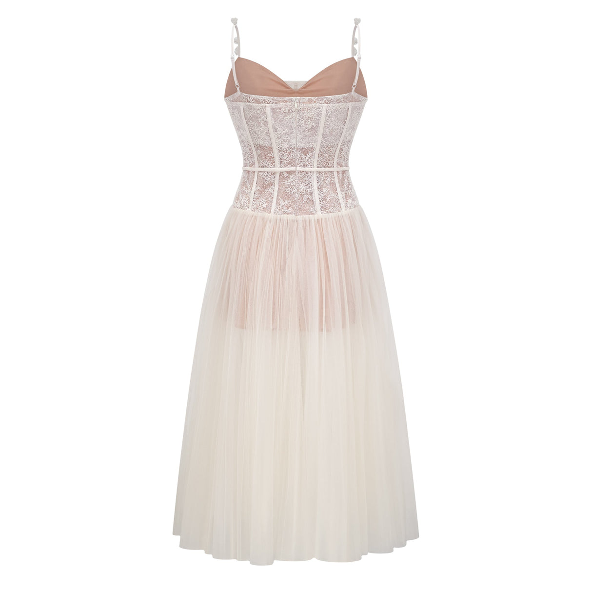 Aurohaya Mira Neutrals Lace Panel Tulle Midi Dress