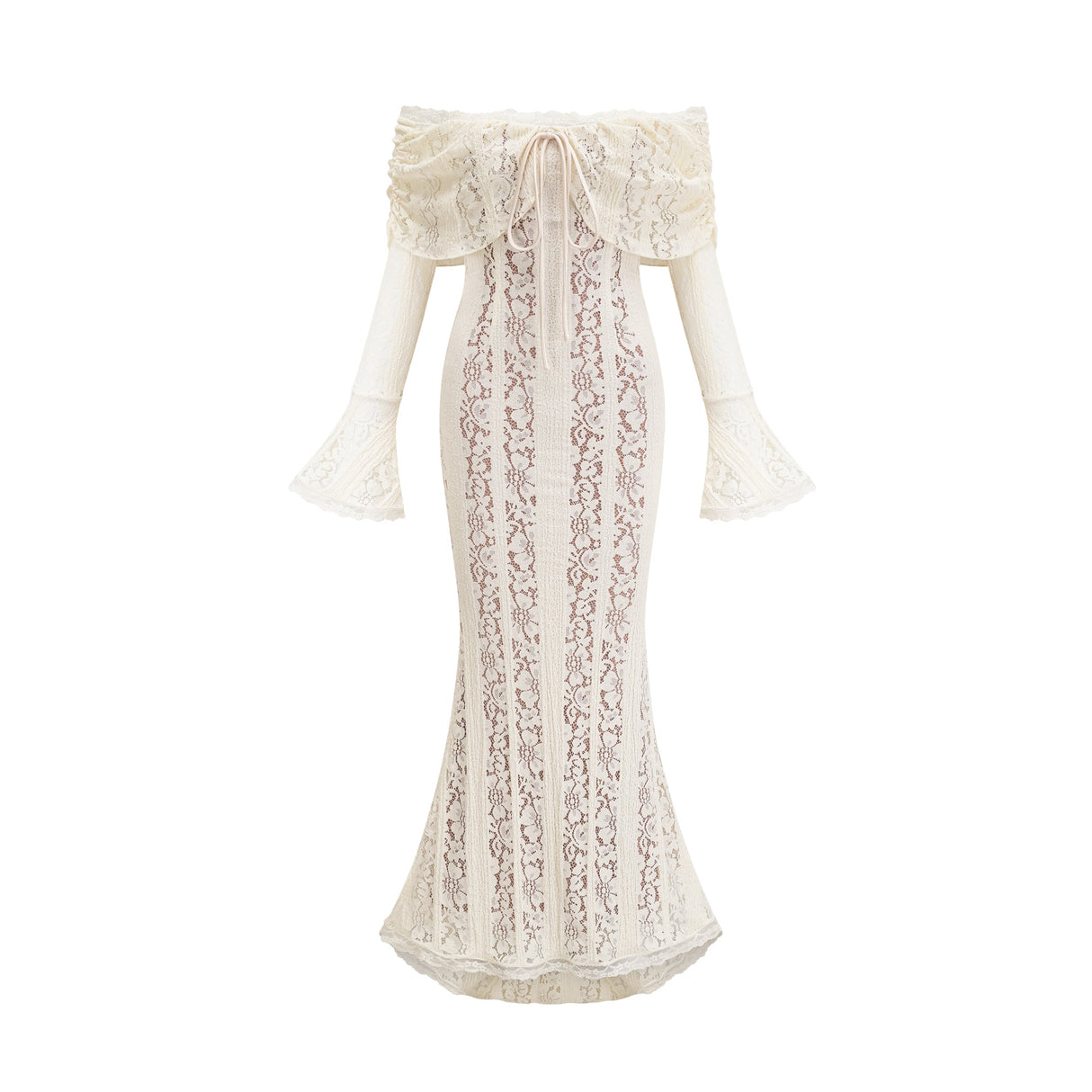 Aurohaya Émeline floral lace train-design maxi dress in Neutrals
