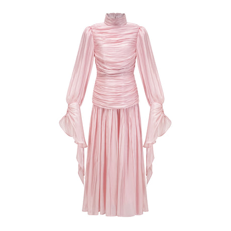 Aurohaya Sarolta Pink Glossy Ruched Maxi Dress