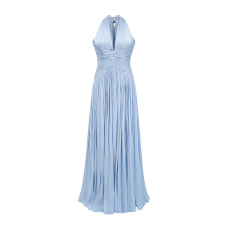 Vraie Plunging V-Neck Pleated Maxi Dress / Blue