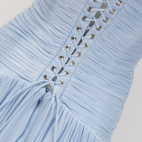 Aurohaya Térébenthine Blue Glossy Gathered Maxi Dress