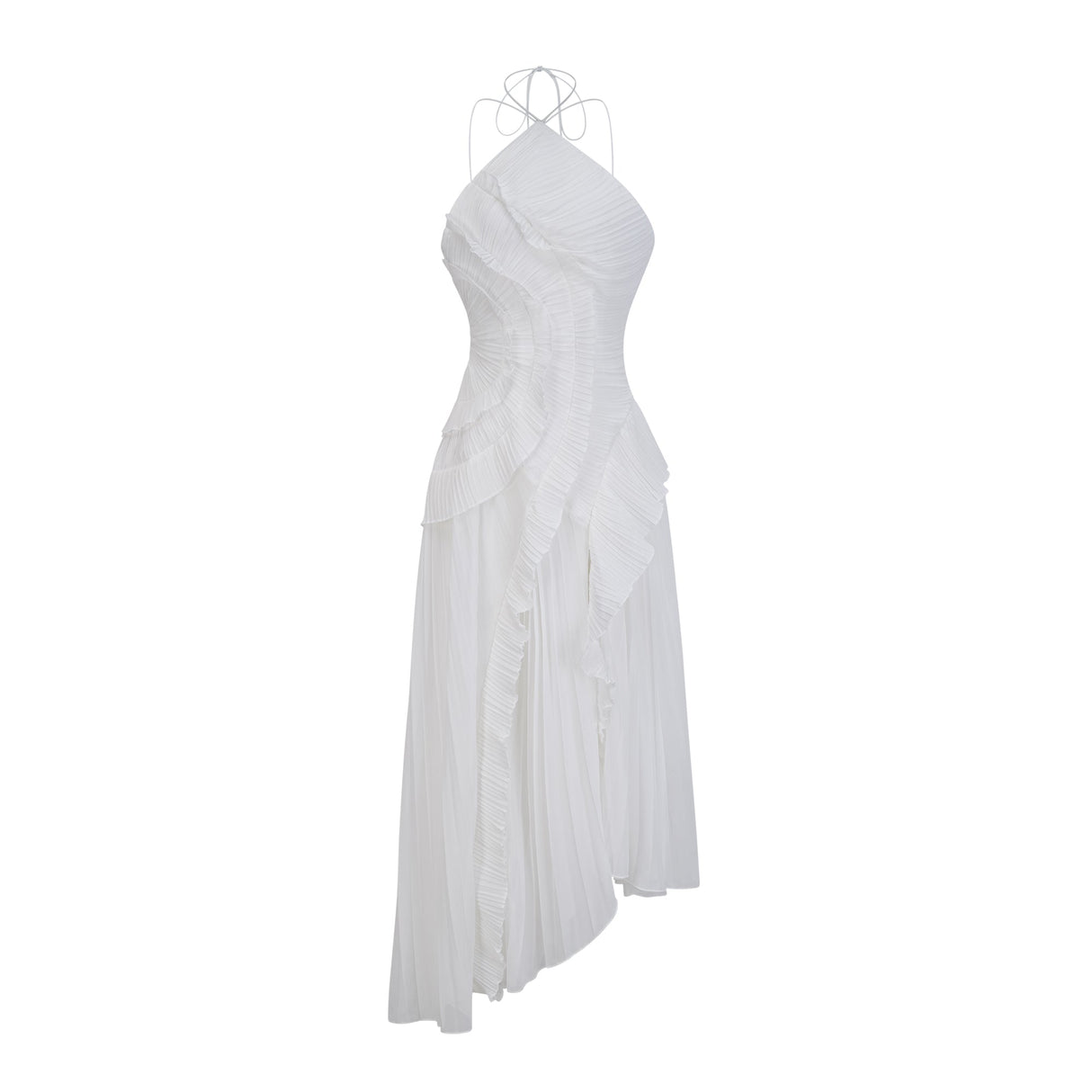 Aurohaya Doux White Ruffled Trim Pleated Midi Dress