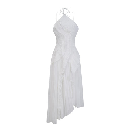 Aurohaya Doux White Ruffled Trim Pleated Midi Dress