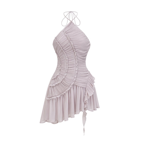 Aurohaya Doux Purple Ruffled Trim Pleated Mini Dress
