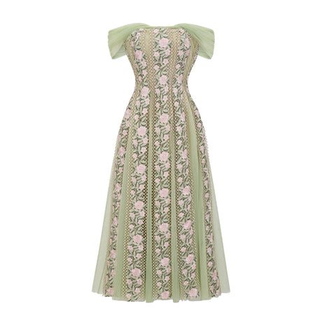 Aurohaya Eleni Green Tulle Panel Floral Midi Dress