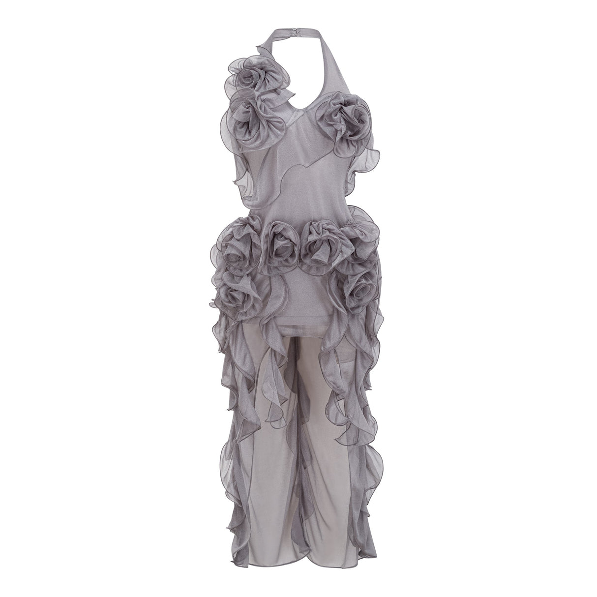 Aurohaya Hannabella Grey Asymmetrical Ruffled Floral Mini Dress
