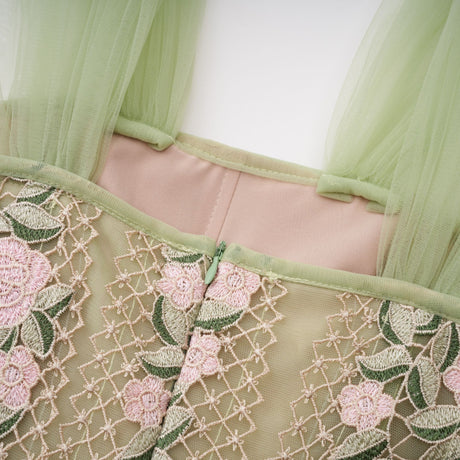 Aurohaya Eleni Green Tulle Panel Floral Midi Dress