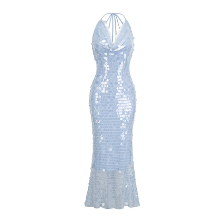 Aurohaya Babette blue halterneck sequined midi dress