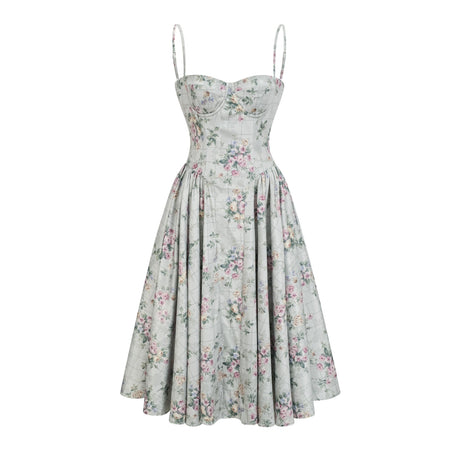 Aurohaya Prunelle sage-green floral-print shirred midi dress