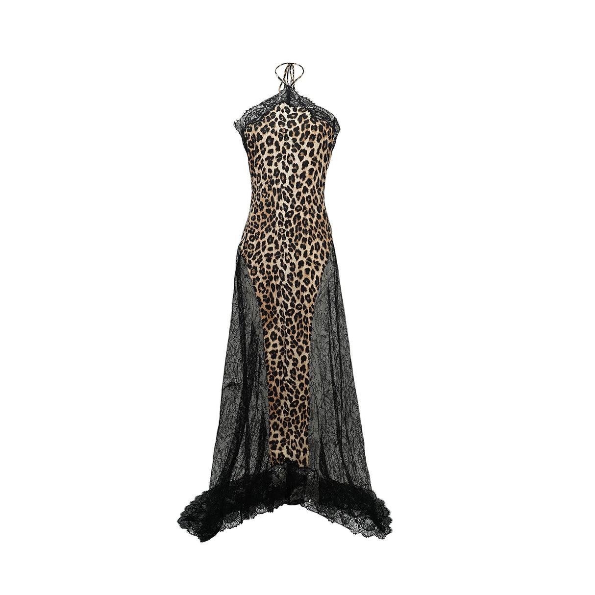Aurohaya Alizée Brown Lace Panel Leopard Print Maxi Dress