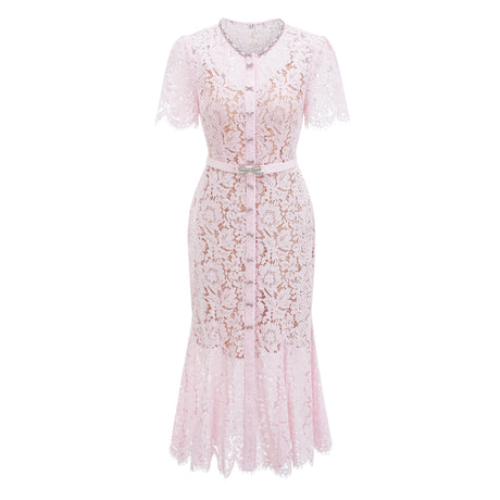 Aurohaya Sabine Pink Floral Lace Mermaid Midi Dress