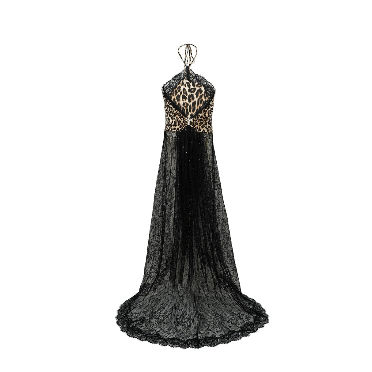 Aurohaya Alizée Brown Lace Panel Leopard Print Maxi Dress