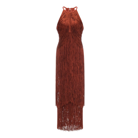 Aurohaya Mélisande Rusty Red Halterneck Fringed Maxi Gown