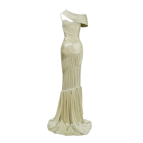 Aurohaya Cecilia Neutral Sea Ammonite Shirred Maxi Dress