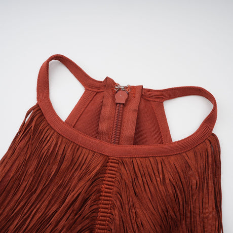 Aurohaya Mélisande Rusty Red Halterneck Fringed Maxi Gown