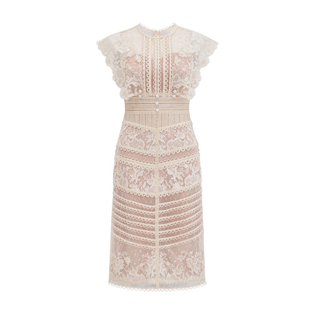 Aurohaya Fleur floral-embroidered lace midi dress in Neutrals