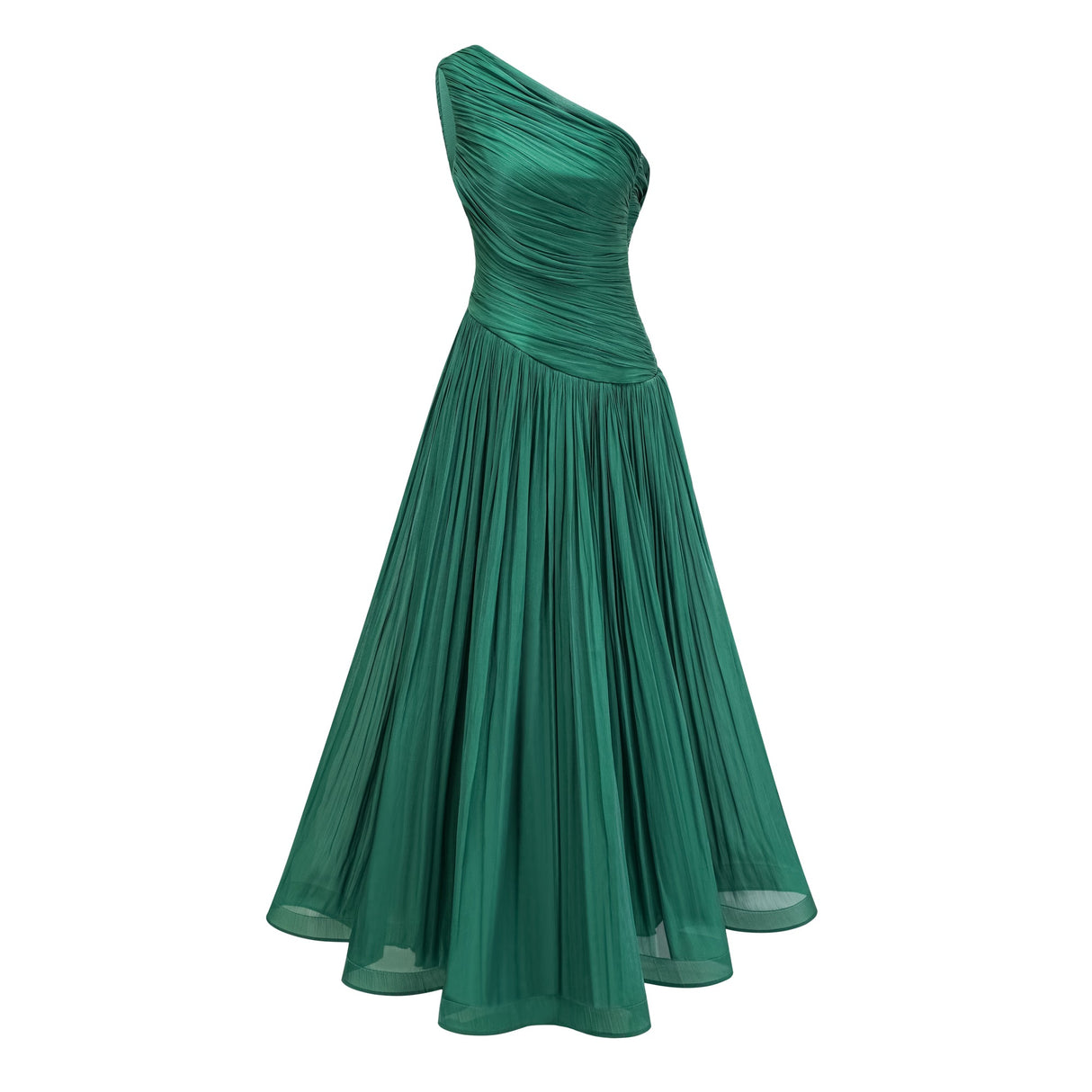 Aurohaya Emerald Green One Shoulder Ruched Maxi Dress