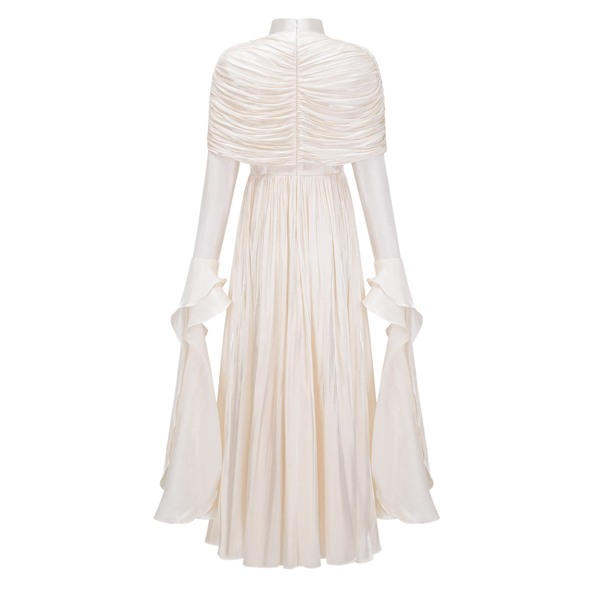 Aurohaya Gustave Neutral Ruched Cape Ruffled Maxi Dress