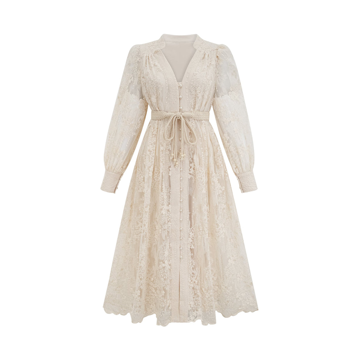 Aurohaya Roxane neutrals lace-embroidered midi dress