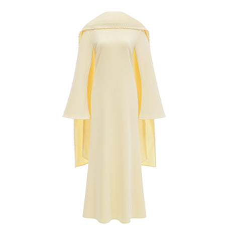 Aurohaya Piroska Yellow Pearl Trim Shawl Detail Maxi Dress