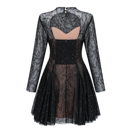 Aurohaya Mirabella Black Sequined Flroal Lace Mini Dress