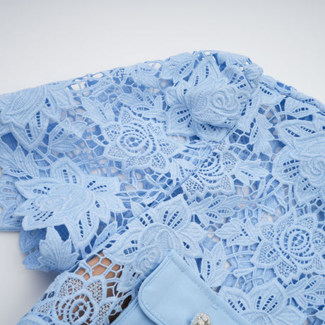 Aurohaya Ariane blue floral-appliqué ruffled lace mini dress