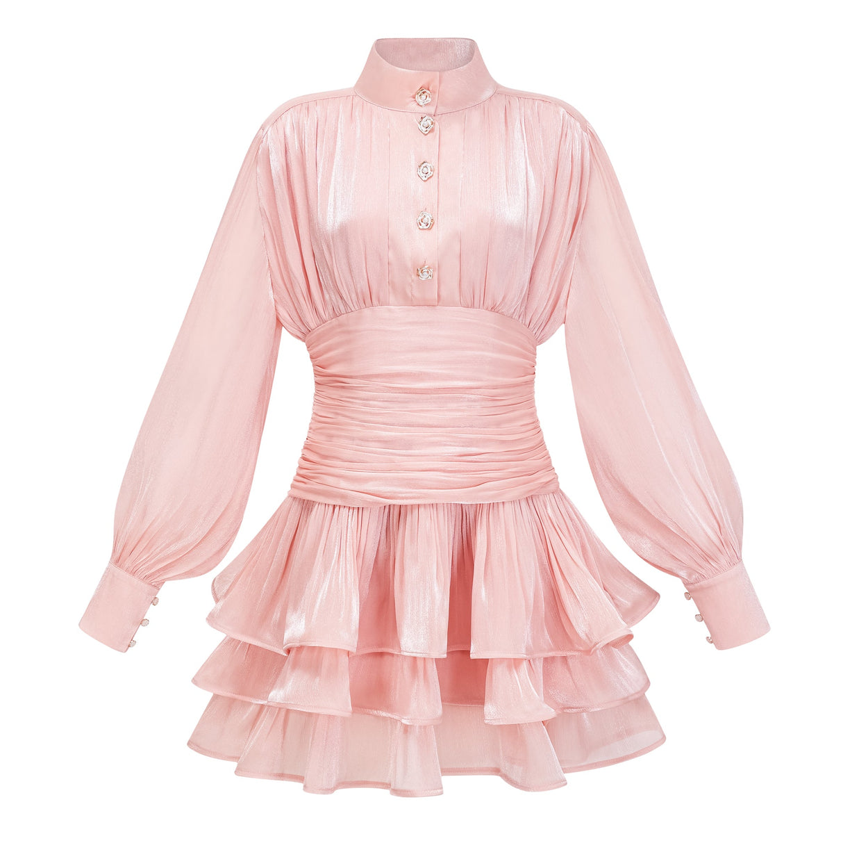Aurohaya Emersyn Pink High-Neck Ruffled Detail Mini Dress