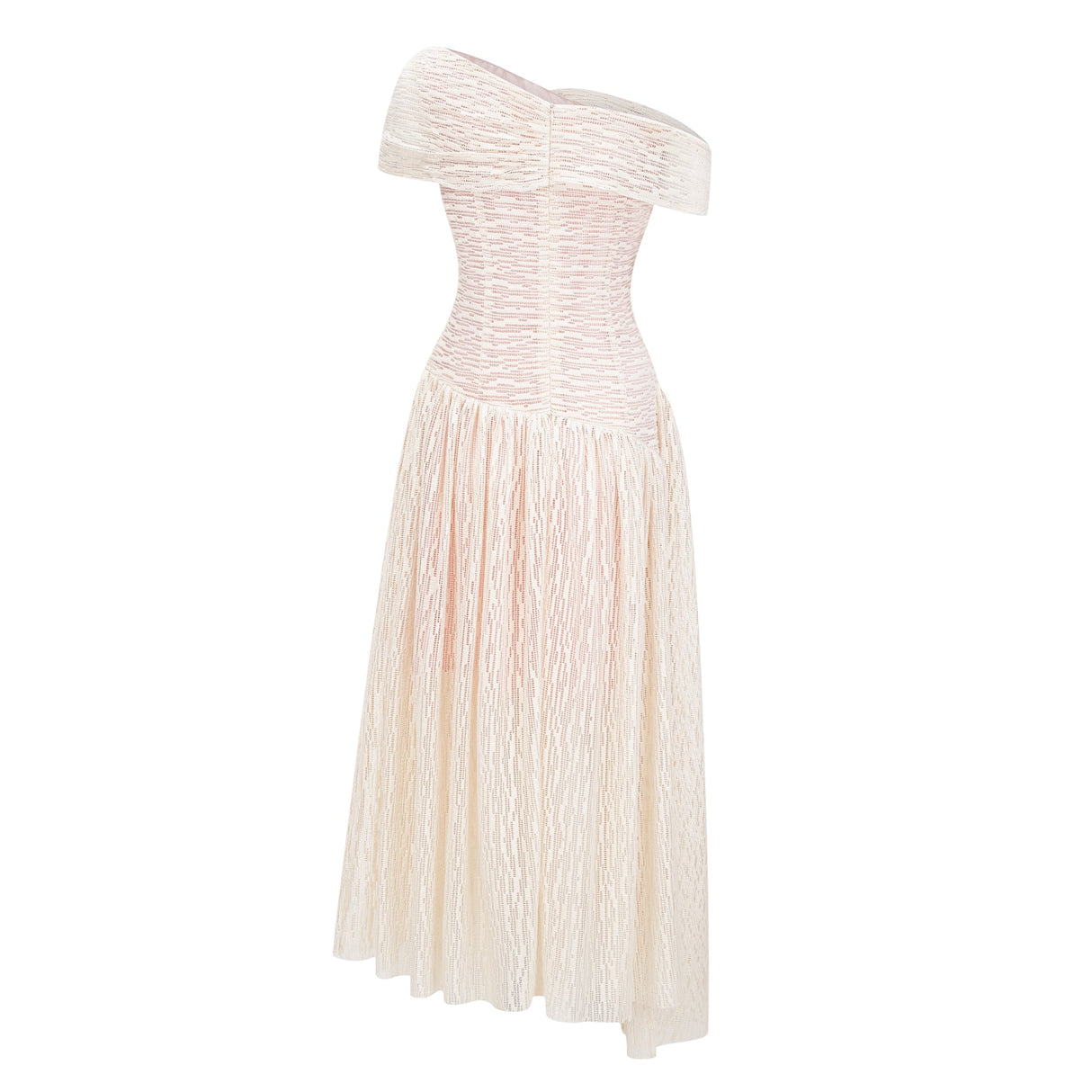 Aurohaya Thale Neutral Asymmetrical Textured Ruched Midi Dress