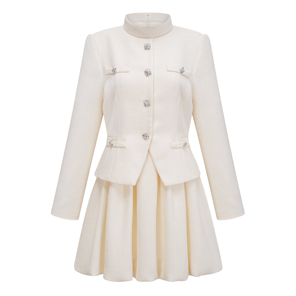Aurohaya Regina White Crystal Embellished Tweed Mini Dress