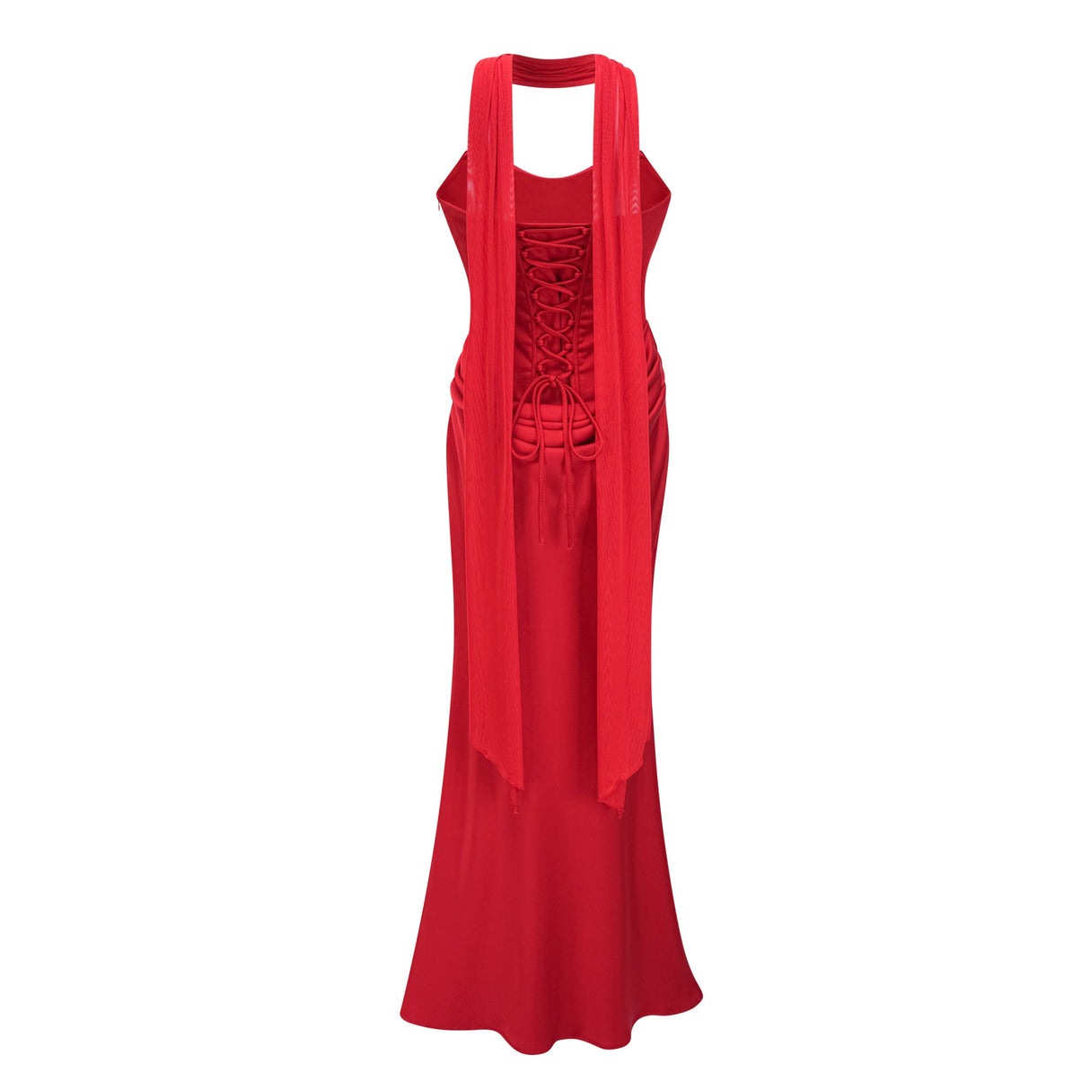 Aurohaya Berit Red Scarf Off Shoulder Ruched Maxi Dress