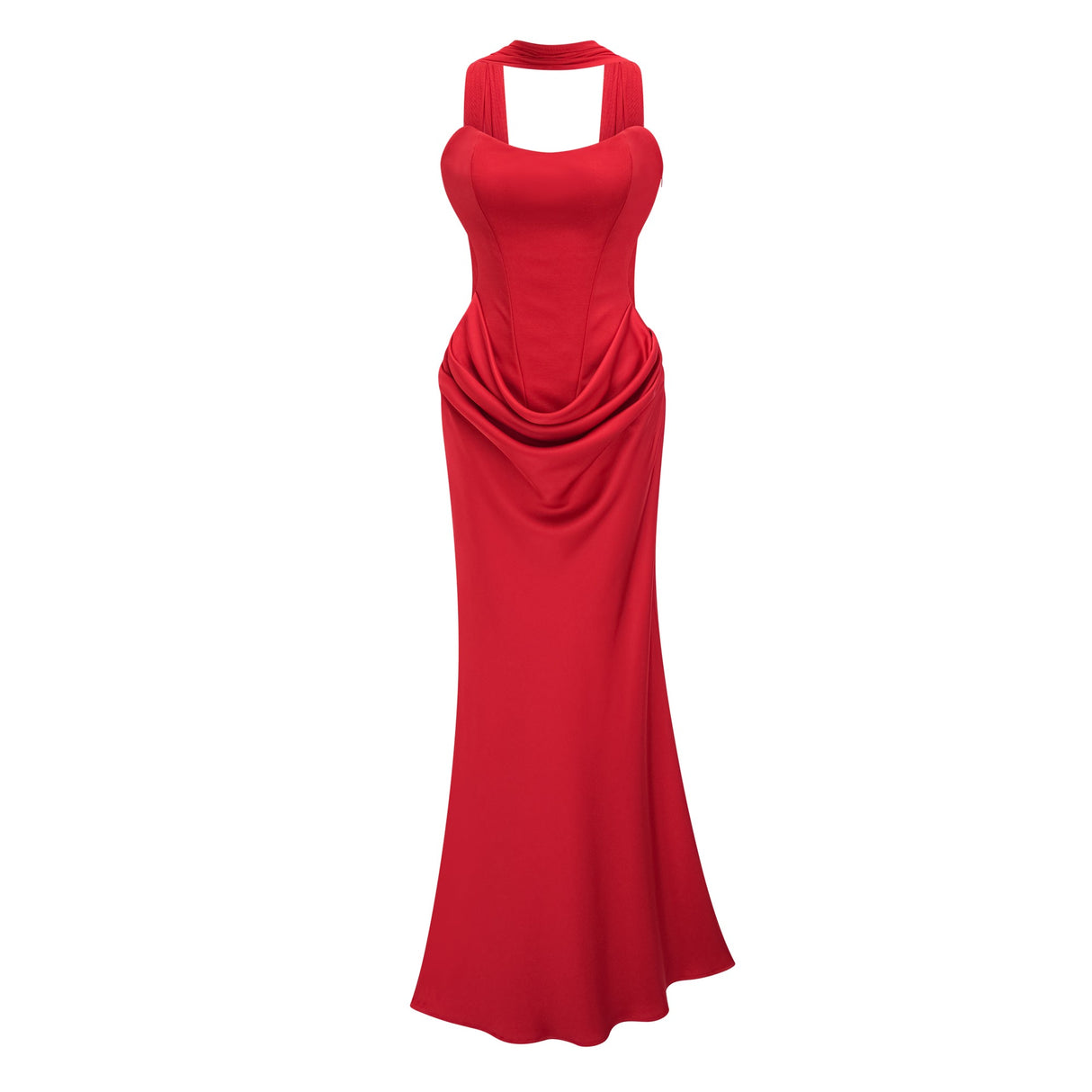 Aurohaya Berit Red Scarf Off Shoulder Ruched Maxi Dress