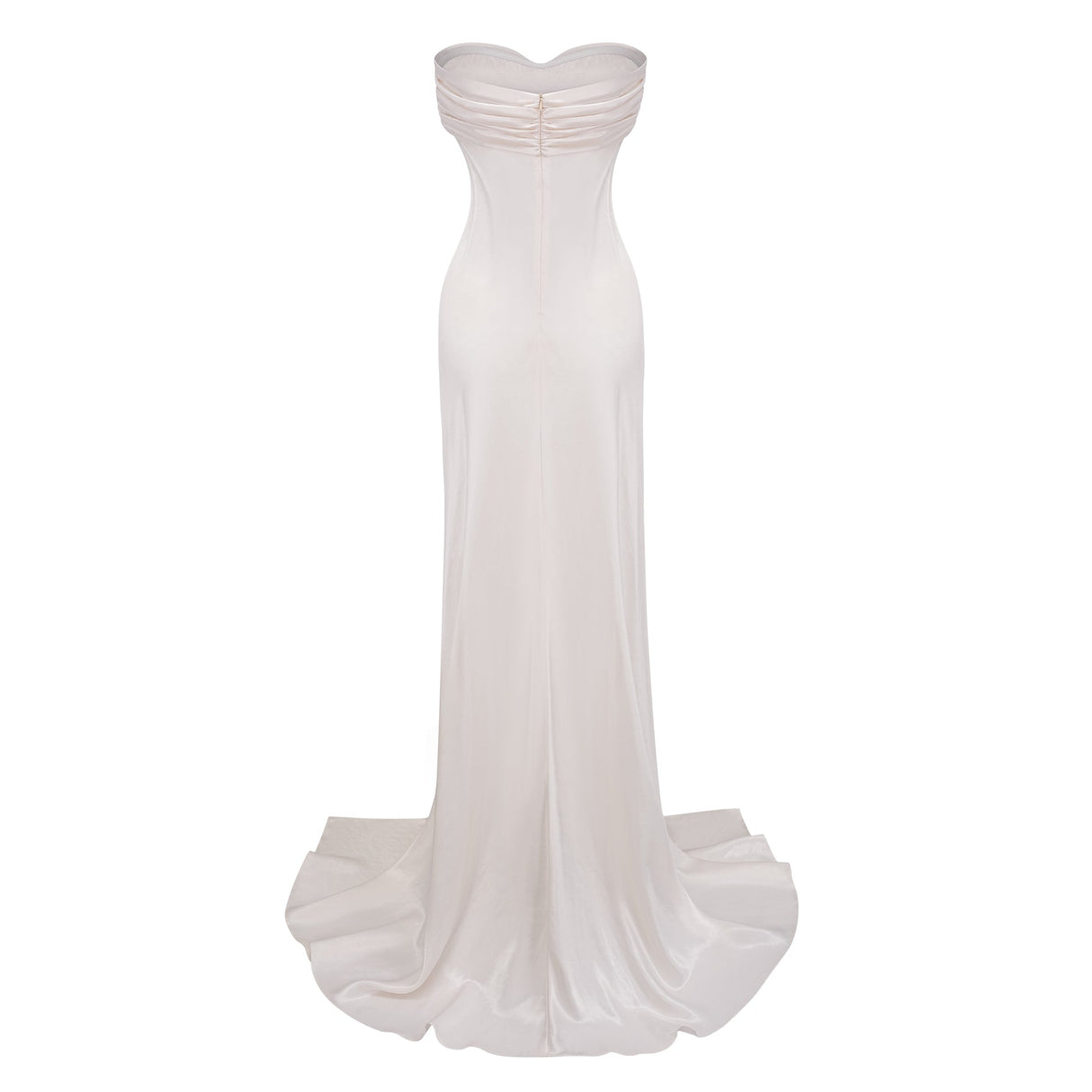 Aurohaya Lilla Beige Strapless Ruffled Satin Maxi Dress