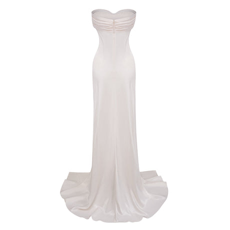 Aurohaya Lilla Beige Strapless Ruffled Satin Maxi Dress