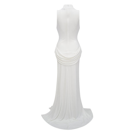 Aurohaya Mystérieuse White Turtleneck Draped Maxi Dress
