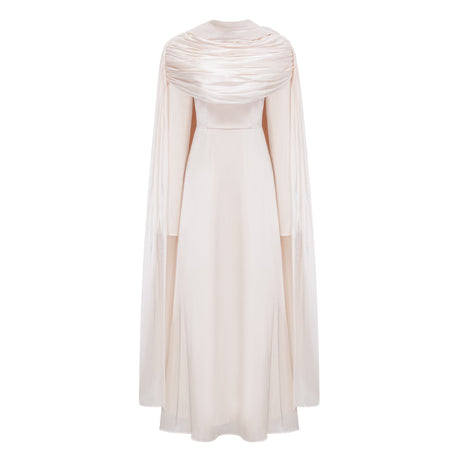 Aurohaya Hege Cream Glossy Ruched Cape Maxi Dress