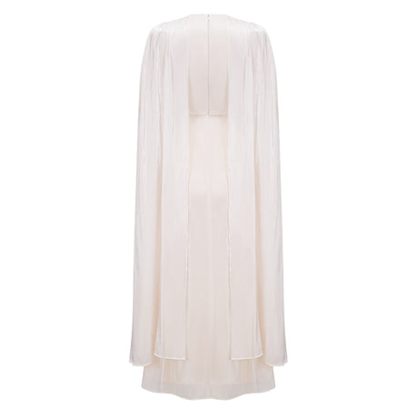 Aurohaya Hege Cream Glossy Ruched Cape Maxi Dress