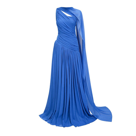 Aurohaya Faustine Blue Cape Design Ruched Maxi Dress Blue