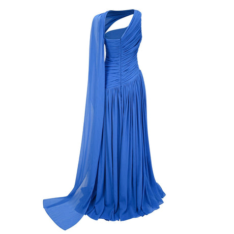 Aurohaya Faustine Blue Cape Design Ruched Maxi Dress