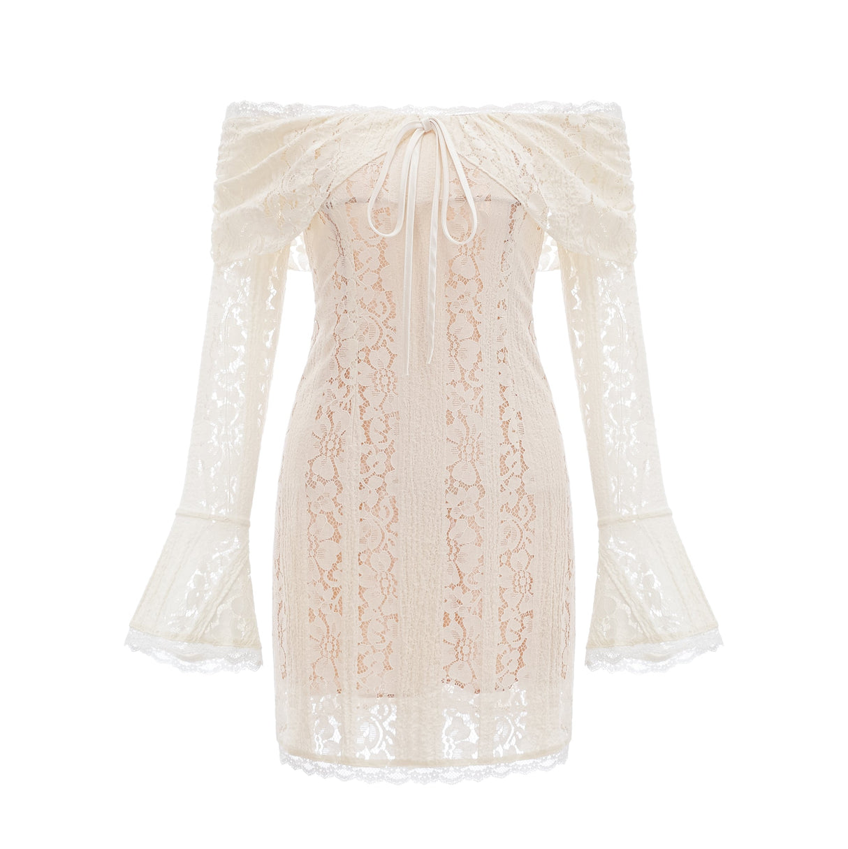Aurohaya Émeline floral lace flared-cuff mini dress in Neutrals